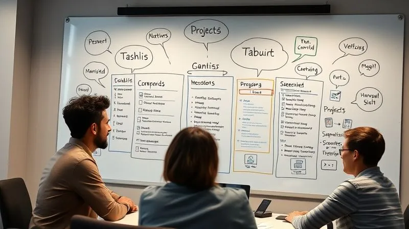 A photorealistic image of a diverse remote team brainstorming on a virtual whiteboard, showing thought bubbles with various project management features like task lists, Gantt charts, and communication icons. The mood is collaborative and focused, with cinematic lighting highlighting the digital interface. 8K, sharp focus, depth of field, shot on a high-end DSLR, conveying clarity amidst complexity.