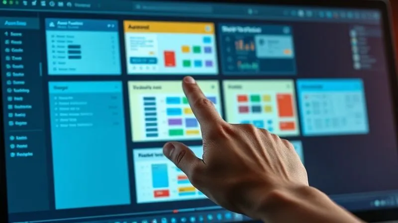 A photorealistic image showing a digital interface with five distinct, color-coded sections, each representing a different project management tool (e.g., Asana's list view, Trello's Kanban board, Monday.com's colorful dashboard, ClickUp's versatile workspace, Jira's issue tracker). The overall image conveys a sense of choice and comparison, with a hand hovering over one option. Cinematic lighting, 8K, sharp focus, depth of field, shot on a high-end DSLR, emphasizing decision-making.