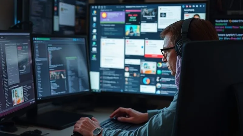 A photorealistic image of a frustrated remote worker looking at a cluttered computer screen with too many open applications and notifications, symbolizing "tool sprawl" and digital overwhelm. The lighting is harsh, emphasizing stress. 8K, sharp focus on the screen, depth of field, shot on a high-end DSLR, conveying the challenge of managing multiple digital tools.