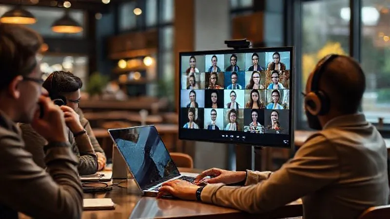A photorealistic image showing a digital nomad in a modern cafe, participating in a high-quality video conference on a laptop, surrounded by other nomads working. The screen displays multiple faces in a grid, indicating a collaborative meeting. Cinematic lighting, sharp focus on the laptop and the nomad's engaged face, depth of field blurring the cafe background, 8K hyper-detailed.