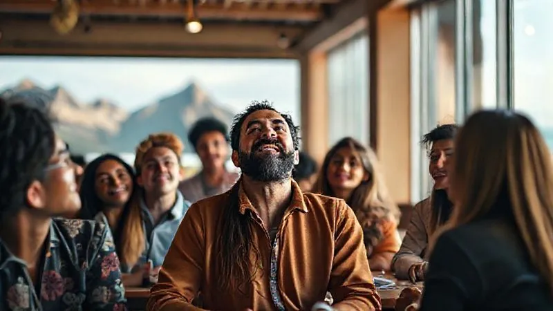 A photorealistic image of a diverse group of digital nomads, each in a different remote location (e.g., mountains, beach, urban cafe), looking up at a single, inspiring leader figure who is presenting from a holographic screen. The leader has a warm, encouraging expression. Cinematic lighting, sharp focus on the leader and the engaged faces of the nomads, depth of field blurring the backgrounds, 8K hyper-detailed.