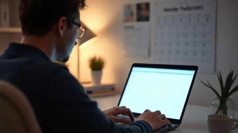 A photorealistic image of a person sitting in a modern, minimalist home office, focused on a laptop screen, with a visible, organized calendar on the wall and a cup of coffee. The lighting is soft and ambient, suggesting focus and productivity. 8K, cinematic lighting, sharp focus, depth of field, professional photography, shot on a high-end DSLR.