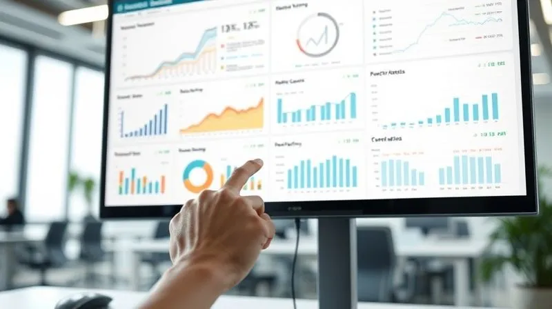 A photorealistic image of a digital marketing dashboard on a large monitor, displaying various graphs and analytics data (e.g., website traffic, conversion rates, keyword rankings). A hand is hovering over a mouse, pointing to a key metric. The background is a slightly blurred modern office space. 8K, cinematic lighting, sharp focus, depth of field, professional photography, shot on a high-end DSLR.