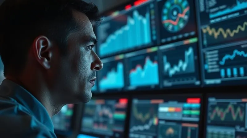 A photorealistic image of a person intensely analyzing complex data visualizations on multiple screens in a dimly lit, high-tech control room setting. Holographic graphs and charts float in the air around them, indicating advanced data processing. The focus is on the person's face, illuminated by the screen light, showing deep concentration. 8K, cinematic lighting, sharp focus, depth of field, professional photography, shot on a high-end DSLR.