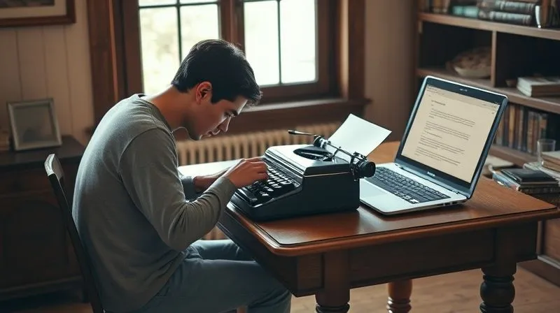 A photorealistic image of a person sitting at a vintage wooden desk, deeply engrossed in writing on a classic typewriter, with a modern laptop open beside it displaying a text editor. The room has a warm, inviting atmosphere with soft natural light coming through a window, suggesting a blend of traditional craft and digital tools. 8K, cinematic lighting, sharp focus, depth of field, professional photography, shot on a high-end DSLR.