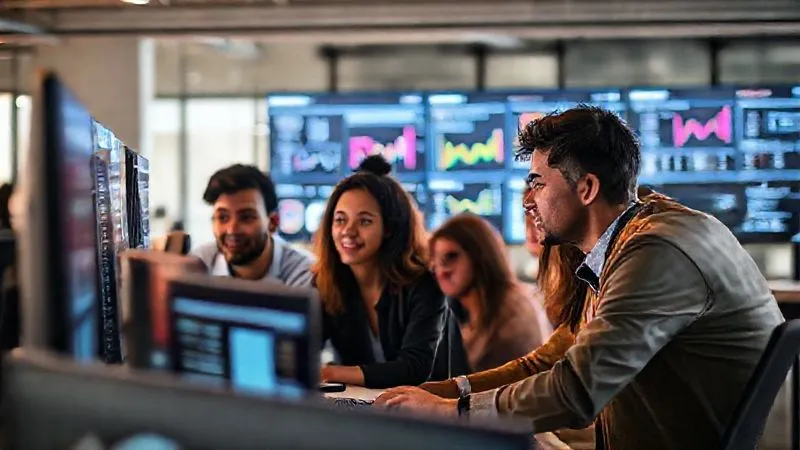 A photorealistic image of a diverse group of young professionals collaborating on a digital marketing strategy, looking at a multi-screen setup with analytics dashboards and social media feeds. They are in a modern, brightly lit co-working space. Cinematic lighting, sharp focus on the faces and screens, depth of field blurring the background, 8K hyper-detailed.