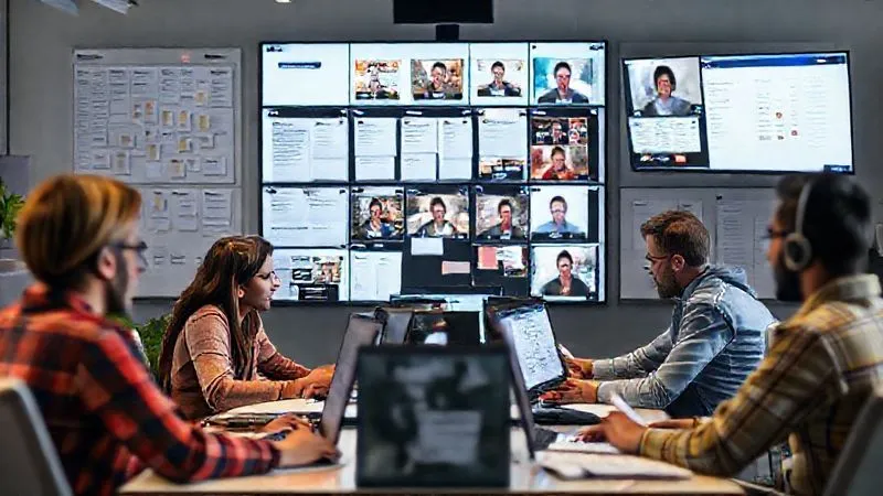 A photorealistic image of a diverse remote team collaborating seamlessly on a complex project. Screens show kanban boards, video calls, and shared documents. There's a sense of organized chaos and productivity, with each team member (in different locations globally) focused on their task. Cinematic lighting, sharp focus on the interactions, depth of field blurring individual backgrounds, 8K hyper-detailed.