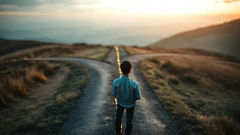 A photorealistic image of a person at a crossroads, with diverging paths representing different digital skills (e.g., a path with glowing code, another with a marketing funnel, another with a data dashboard). The person is looking thoughtfully at a compass or a map, symbolizing career decision-making and strategic choice. Cinematic lighting, sharp focus on the person and paths, depth of field blurring the distant horizon, 8K hyper-detailed.