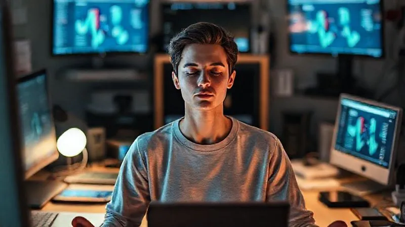 A photorealistic image of a calm, focused person meditating or taking a mindful break amidst a beautiful, slightly chaotic digital workspace with multiple screens and gadgets. The contrast highlights the importance of mental well-being and focus in a demanding digital environment. Cinematic lighting, sharp focus on the person, depth of field blurring the tech, 8K hyper-detailed.