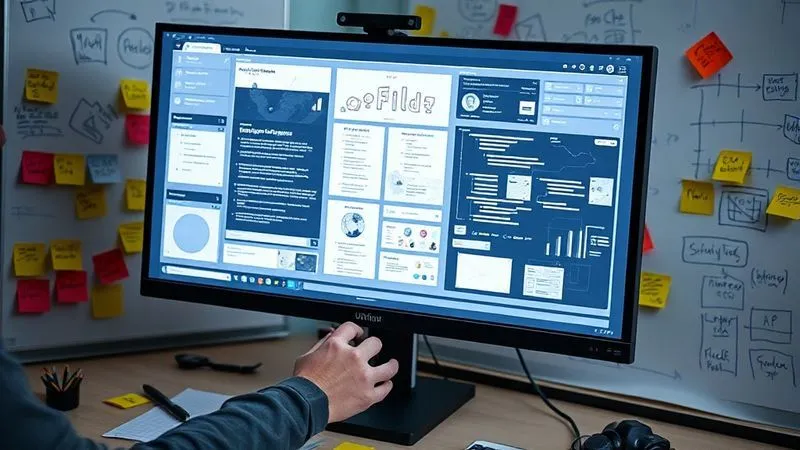 A photorealistic image of a designer working on a UX/UI project on a large monitor, surrounded by sticky notes and sketches on a whiteboard. The interface on the screen shows clean, modern design elements. Cinematic lighting, sharp focus on the designer's hands and screen, depth of field. 8K hyper-detailed, professional photography, shot on a high-end DSLR.