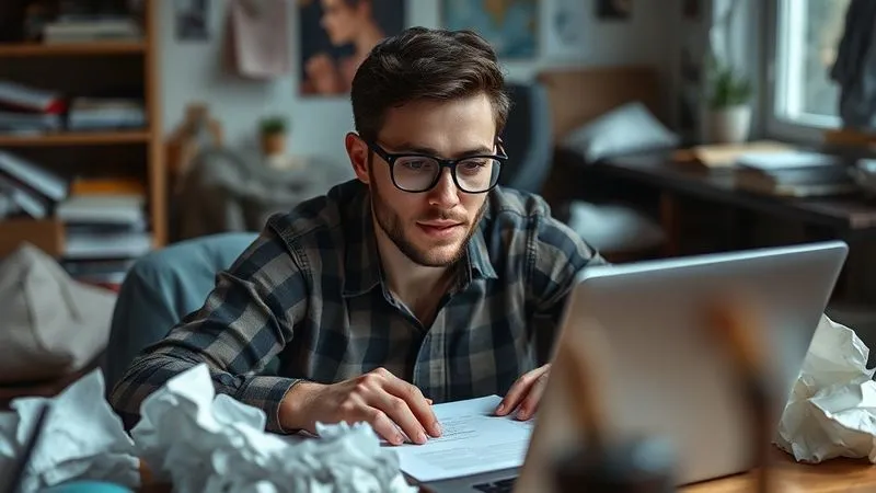 A photorealistic image of a copywriter brainstorming ideas, surrounded by crumpled papers and a laptop displaying a blank document, a focused expression on their face. The setting is a cozy, creatively messy home office. Cinematic lighting, sharp focus on the person and their notes, depth of field. 8K hyper-detailed, professional photography, shot on a high-end DSLR.