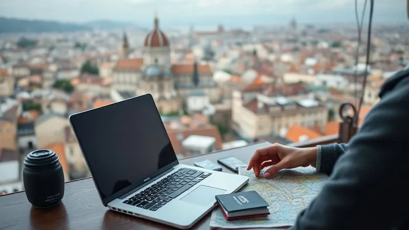A photorealistic image of a person balancing work and travel, with a laptop open on a table next to a passport and a map, overlooking a picturesque foreign city. The atmosphere is calm and productive. Cinematic lighting, sharp focus on the objects, depth of field blurring the city. 8K hyper-detailed, professional photography, shot on a high-end DSLR.