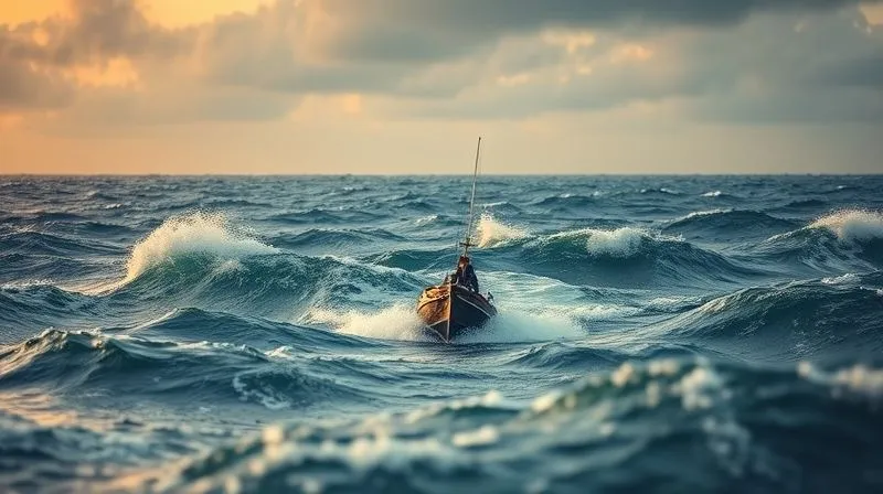 A photorealistic image of a turbulent sea representing currency volatility, with a small, sturdy boat (representing a nomad's finances) navigating carefully through the waves under a dramatic, cinematic sky. Sharp focus on the boat, depth of field blurring the background. 8K hyper-detailed, professional photography, shot on a high-end DSLR.