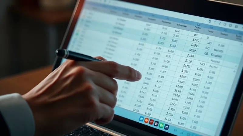 A photorealistic image of a detailed financial ledger or spreadsheet, open on a laptop screen, showing columns for different currencies (USD, EUR, GBP) with income and expense categories. A hand is holding a pen, poised to make an entry. Cinematic lighting, sharp focus on the screen, depth of field. 8K hyper-detailed, professional photography, shot on a high-end DSLR.