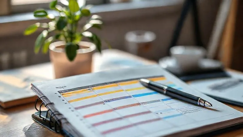 A photorealistic, professional photography image of an open minimalist daily planner with various color-coded time blocks for different activities, a pen resting on it. Soft, natural light illuminates the page, showing sharp focus on the schedule details. 8K, cinematic lighting, depth of field blurring a background of a cozy, modern workspace with a plant.