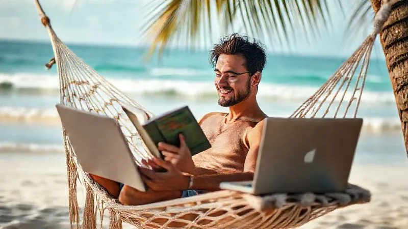 A photorealistic, professional photography image of a person sitting on a comfortable hammock on a tropical beach, looking relaxed and content, reading a physical book. The laptop is closed and placed far away. Soft, warm sunlight, gentle ocean waves in the background. Sharp focus on the person and book, depth of field blurring the distant horizon. 8K, cinematic lighting, shot on a high-end DSLR.