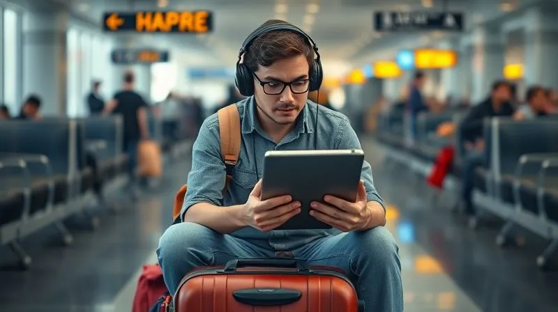 A photorealistic image of a person sitting on a packed suitcase in a bustling airport lounge, surrounded by subtle language symbols and world map elements. They are intently focused on a tablet, wearing headphones, with a determined yet slightly overwhelmed expression. Cinematic lighting, sharp focus on the person, depth of field. Professional photography, 8K hyper-detailed, shot on a high-end DSLR.