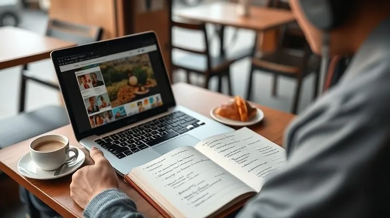 A photorealistic image of a traveler sitting in a cozy café, with a laptop open showing language learning apps and a physical notebook with handwritten notes in two different languages. A cup of coffee and a local pastry are on the table. Soft, natural light, sharp focus on the notebook and screen, depth of field. Professional photography, 8K hyper-detailed, shot on a high-end DSLR.