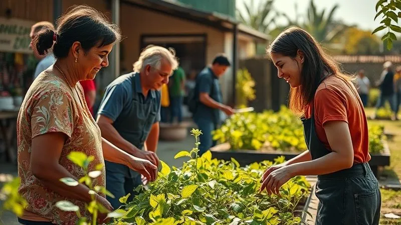 A photorealistic image of a person volunteering at a local community garden in a foreign country, happily conversing with locals while tending to plants. The setting is vibrant and authentic, showing cultural details. Warm, natural sunlight, sharp focus on the interaction, depth of field. Professional photography, 8K hyper-detailed, shot on a high-end DSLR.