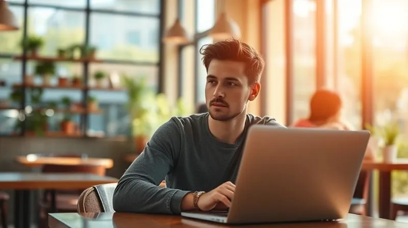 A photorealistic image of a person sitting at a laptop in a vibrant, sunlit cafe, looking thoughtful and determined, with a subtle glowing aura around their head symbolizing a 'growth mindset'. Professional photography, 8K, cinematic lighting, sharp focus, depth of field.