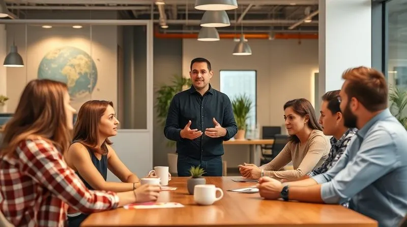 A photorealistic image of a digital nomad presenting an idea with confidence to a small, diverse group of people around a table in a modern co-working space, demonstrating leadership and communication skills. Professional photography, 8K, cinematic lighting, sharp focus, depth of field.