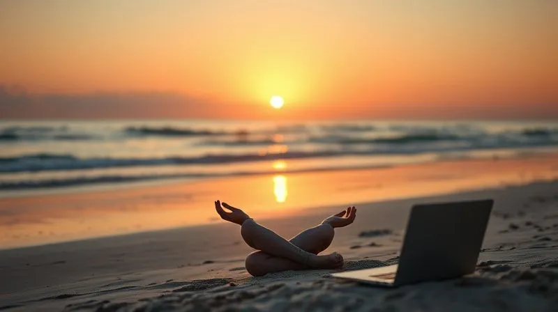 A photorealistic image of a digital nomad meditating peacefully on a tranquil beach at sunrise, with a laptop nearby but out of focus, emphasizing balance and well-being. Professional photography, 8K, cinematic lighting, sharp focus on the person, depth of field.