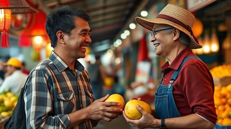 A photorealistic image of a diverse professional digital nomad in a vibrant local market in Southeast Asia, confidently conversing with a local vendor, both smiling. The nomad is holding a local fruit, demonstrating active engagement. Cinematic lighting, sharp focus on their interaction, depth of field blurring the background market stalls. 8K hyper-detailed, professional photography, shot on a high-end DSLR, conveying genuine cultural and linguistic connection.