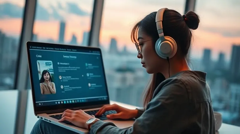 A photorealistic image of a professional digital nomad, a woman of East Asian descent, wearing noise-canceling headphones, intensely focused on a laptop screen displaying a sophisticated language learning interface with AI-powered conversation prompts. Her reflection shows subtle foreign characters. The background is a modern, minimalist co-working space with large windows overlooking a city skyline at dusk. Cinematic lighting, sharp focus on her and the screen, depth of field blurring the background. 8K hyper-detailed, professional photography, shot on a high-end DSLR, emphasizing innovation and focused learning.