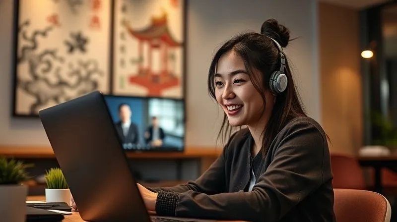 A photorealistic image of Sofia, a confident UX designer of Latina descent, in a modern co-working space in Taipei, Taiwan. She is actively participating in a video conference call, speaking Mandarin with a local client (visible on screen). Her expression is engaged and fluent. In the background, traditional Taiwanese art subtly decorates the wall. Cinematic lighting, sharp focus on Sofia and her interaction, depth of field blurring the background. 8K hyper-detailed, professional photography, shot on a high-end DSLR, conveying professional success and cultural integration.