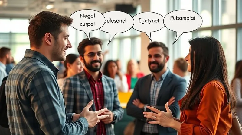 A photorealistic image of a diverse group of professional digital nomads (male and female, various ethnicities) engaged in a lively networking event in a modern, sunlit co-working space. They are confidently conversing in different languages, indicated by subtle speech bubbles with foreign script above their heads (no actual text, just metaphorical representation). One person is using hand gestures while speaking. Cinematic lighting, sharp focus on the group, depth of field blurring the background. 8K hyper-detailed, professional photography, shot on a high-end DSLR, conveying dynamic global communication and collaboration.