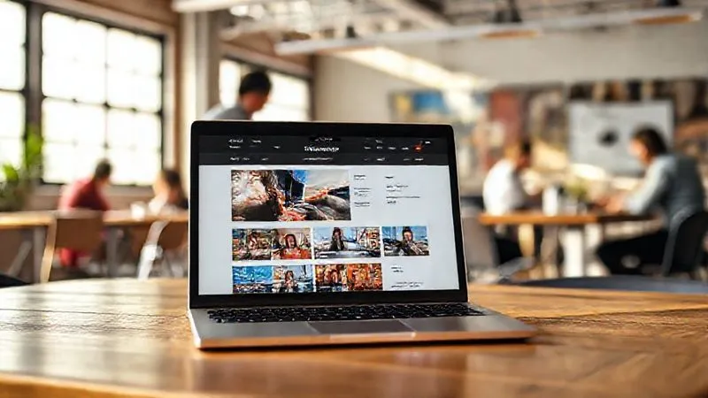 A photorealistic image of a beautifully designed digital portfolio website displayed on a laptop screen, with vibrant project thumbnails and clear result metrics. The laptop is on a wooden table in a sunlit coworking space, with a blurred background of diverse people collaborating, professional photography, 8K, cinematic lighting, sharp focus on the screen, depth of field.
