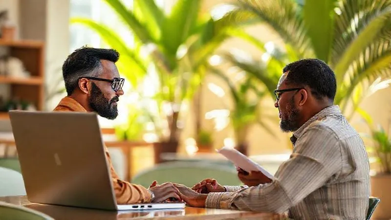 A photorealistic image of a digital nomad (mentee) having a video call with an experienced professional (mentor) on a laptop, with a backdrop of a vibrant, sunlit co-working space in a tropical location. The mentor looks wise and engaged, while the mentee is taking notes thoughtfully. Cinematic lighting, sharp focus on both individuals and the laptop screen, depth of field blurring the background, 8K hyper-detailed, professional photography. Emphasize connection and guidance.