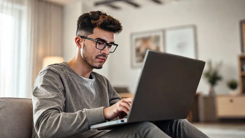 A photorealistic image of a focused digital nomad, mid-20s, confidently taking an online skill assessment test on a sleek laptop. The screen shows a progress bar and complex problem-solving interface. The background is a minimalist, modern apartment with soft natural light, conveying a sense of calm and competence. Cinematic lighting, sharp focus on the person and laptop, depth of field blurring the background, 8K hyper-detailed, professional photography. Emphasize concentration and digital proficiency.