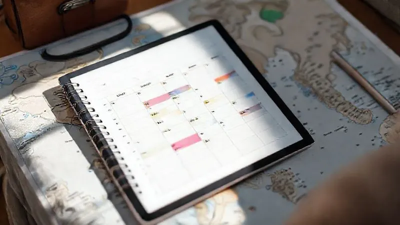 A photorealistic, professional photography, 8K, cinematic lighting, sharp focus, depth of field, shot on a high-end DSLR, depicting a minimalist digital planner open on a tablet, showing a flexible study schedule with color-coded blocks for different subjects, overlaid on a map with travel routes, symbolizing adaptable learning while traveling. The scene is calm and organized, with soft morning light.