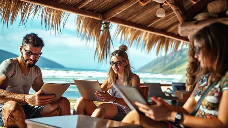 A photorealistic, professional photography, 8K, cinematic lighting, sharp focus, depth of field, shot on a high-end DSLR, depicting a diverse group of digital nomads, each in a unique setting (e.g., one on a beach, another in a bustling cafe, a third in a serene mountain cabin), all focused on their laptops or tablets, symbolizing productive e-learning in varied travel environments. The image emphasizes connectivity and concentration.