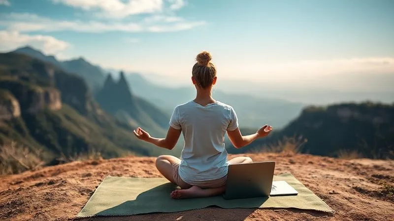 A serene, photorealistic image of a digital nomad meditating peacefully on a yoga mat overlooking a breathtaking natural landscape, with a laptop closed beside them, symbolizing mental well-being and balance amidst travel. Professional photography, 8K, cinematic lighting, sharp focus on the person, depth of field blurring the background, evoking tranquility and mindfulness.