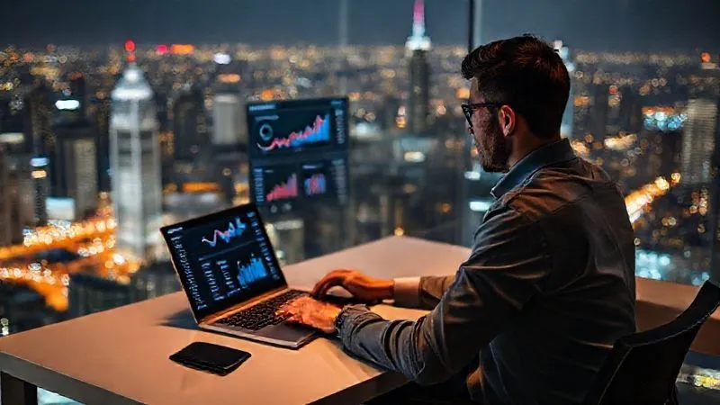 A photorealistic, professional photography, 8K image of a digital nomad sitting at a minimalist desk overlooking a vibrant city skyline, intently analyzing a complex dashboard displayed on a laptop, showing revenue growth charts, conversion rates, and student engagement metrics. Cinematic lighting highlights the screen and the thoughtful expression, with a sharp focus on the data and a depth of field blurring the background city lights. The scene conveys strategic decision-making and financial optimization.