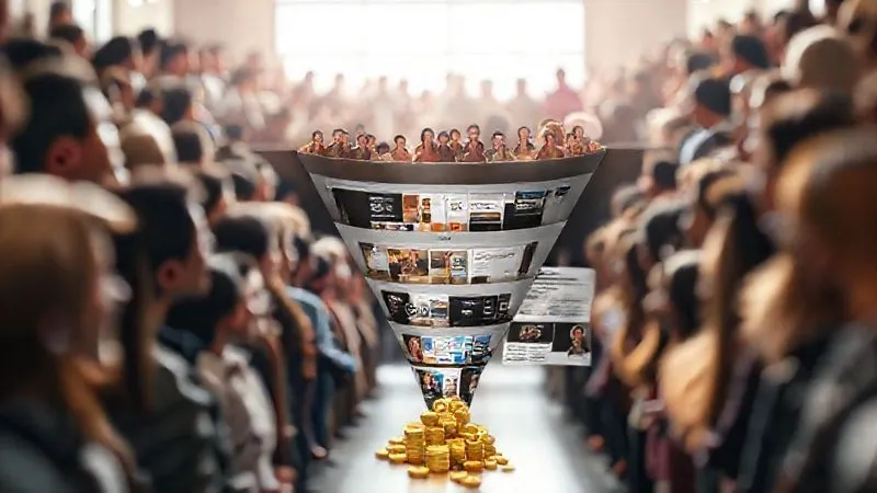 A photorealistic, professional photography, 8K image illustrating a digital marketing funnel. At the top, a diverse group of people (representing an audience) flows into a wide opening. The funnel narrows, showing content (blog posts, videos) and then leads to a smaller section with course sales pages, finally exiting at the bottom with golden coins and happy students. Cinematic lighting, sharp focus on the flow of the funnel, depth of field blurring the background. The image visually represents the journey from audience to revenue.