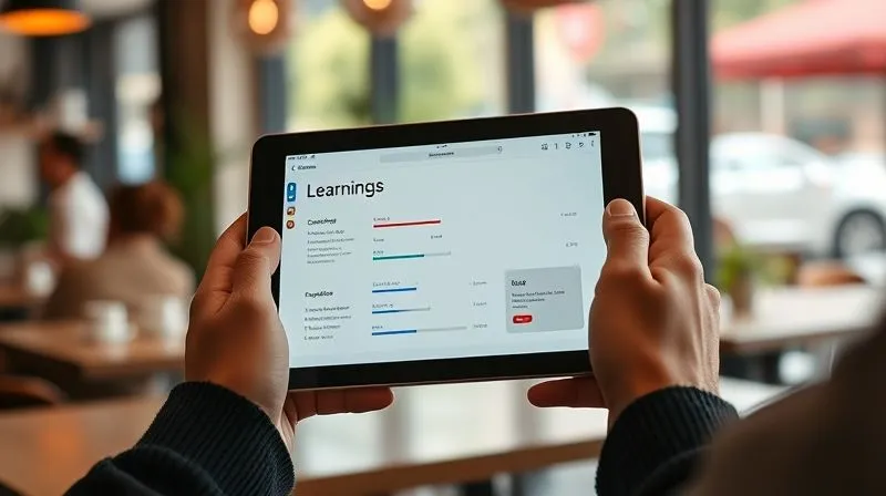 A photorealistic, professional photography, 8K, cinematic lighting, sharp focus, depth of field, shot on a high-end DSLR, showing a person's hands holding a tablet or smartphone, displaying a clean, intuitive e-learning interface with progress bars and clear module navigation. The background is a blurred, cozy coffee shop or a scenic outdoor setting, emphasizing learning on the go.