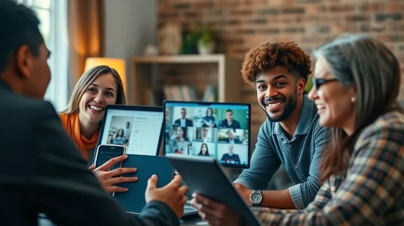 A photorealistic, professional photography, 8K, cinematic lighting, sharp focus, depth of field, shot on a high-end DSLR, depicting a diverse group of digital nomads (3-4 people) engaged in a lively online video call, smiling and interacting. Their individual screens show parts of an e-learning platform. The setting is varied, suggesting different locations, yet they are connected through the digital interface.
