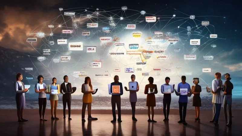 A photorealistic image of a diverse group of people, each in a different global setting (e.g., beach, mountain, city cafe), looking at their laptops, with a glowing network of connections linking them to a central virtual whiteboard displaying collaborative ideas. The image should emphasize seamless interaction despite geographical distance, professional photography, 8K, cinematic lighting, sharp focus on the collaborative elements, depth of field blurring individual backgrounds slightly, shot on a high-end DSLR.