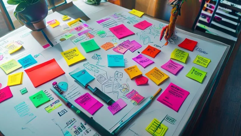A photorealistic, vibrant image of a digital whiteboard (like Miro or Mural) filled with colorful sticky notes, diagrams, and collaborative drawings, seen from a slight aerial perspective. Multiple cursors from different users are visible, symbolizing real-time global collaboration. The background is subtly blurred, suggesting a home office or coworking space, professional photography, 8K, cinematic lighting, sharp focus on the whiteboard content, depth of field, shot on a high-end DSLR.