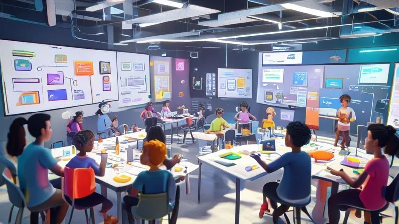 A photorealistic, vibrant scene inside a virtual 2D environment like Gather.town, showing pixel-art avatars of diverse digital nomads interacting around virtual whiteboards and tables. The scene should feel dynamic and engaging, with speech bubbles indicating conversations and a sense of playful collaboration. Professional photography, 8K, cinematic lighting, sharp focus on the avatars and interactive elements, depth of field, shot on a high-end DSLR.