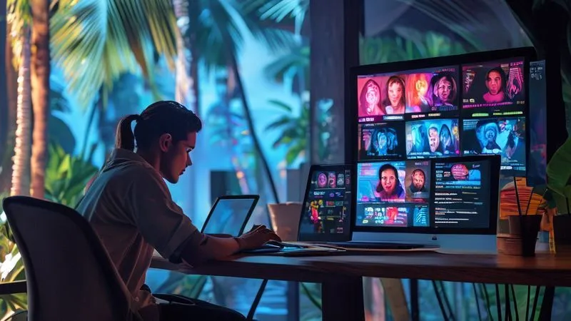 A photorealistic image of a split screen or collage. On one side, a person is shown working diligently on a laptop in a serene tropical location (representing asynchronous learning on Thinkific). On the other side, a vibrant Zoom call with multiple faces engaged in a discussion, overlaid with elements of a Miro board showing collaborative ideas. The image should convey seamless integration and high engagement, professional photography, 8K, cinematic lighting, sharp focus on both screens, depth of field, shot on a high-end DSLR.