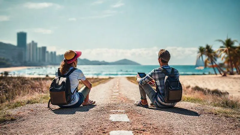 A photorealistic image of a digital nomad sitting at a crossroads, looking at two different paths, one leading to a bustling city and the other to a tranquil beach. They are holding a financial calculator, making a thoughtful decision. Cinematic lighting, sharp focus, depth of field, 8K, high-end DSLR.