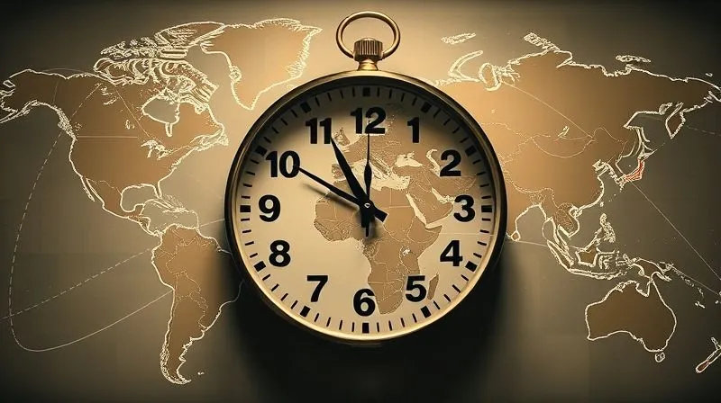A photorealistic image of a world map with intricate dashed lines representing travel routes and question marks hovering over different countries, all overlaid with a large, stylized clock face whose hands are moving. The lighting is dramatic and cinematic, highlighting the complexity and time-sensitive nature of global tax residency. Professional photography, 8K, sharp focus, depth of field, shot on a high-end DSLR.