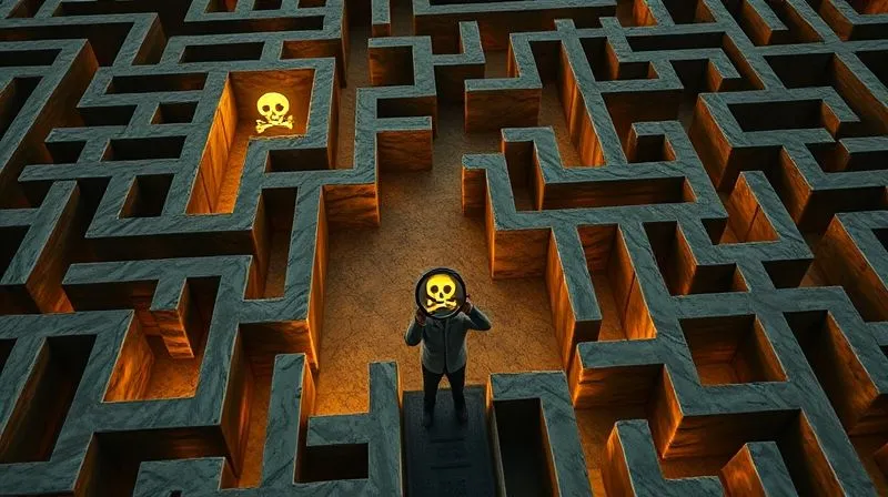 A photorealistic, detailed image of a complex, intricate maze seen from above. Within the maze, there are clear paths and several visible traps marked with glowing currency symbols (like dollar, euro, yen) or skull-and-crossbones tax icons. A small, determined human figure with a magnifying glass is at the entrance, trying to navigate the labyrinth, with arrows pointing towards potential correct paths and warnings towards the traps. Cinematic lighting, sharp focus on the maze and figure, 8K, shot on a high-end DSLR.