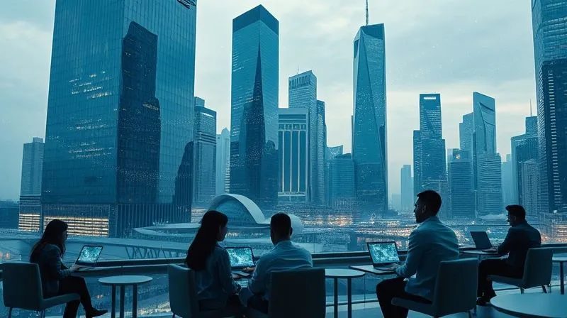 A photorealistic, futuristic cityscape with sleek, transparent buildings, interwoven with dynamic streams of digital data flowing globally, symbolizing the digital economy and fiscal interconnectedness. In the foreground, diverse individuals are seen working on laptops in various stylish, minimalist settings, suggesting remote work. Cinematic lighting, sharp focus on the blend of architecture and data, 8K, depth of field, shot on a high-end DSLR.