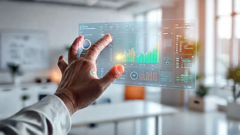 Photorealistic, professional photography, 8K, cinematic lighting, sharp focus, depth of field, shot on a high-end DSLR. A holographic project dashboard floating in a modern, minimalist workspace, displaying vibrant charts, timelines, and task lists. A focused digital nomad's hand gestures towards a specific data point, with a subtle glow emanating from the interactive display, symbolizing clarity and control over complex information.