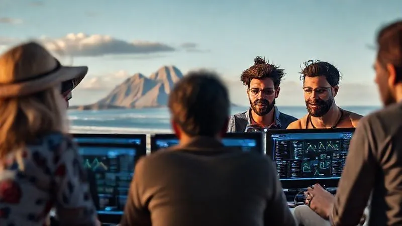 Photorealistic, professional photography, 8K, cinematic lighting, sharp focus, depth of field, shot on a high-end DSLR. A diverse team of digital nomads, each in a different iconic global location (e.g., beach, mountain, cafe), looking at their individual screens which display a unified Asana project board. Lines of glowing data connect their screens, symbolizing seamless collaboration and task management across distances. The overall mood is focused and connected.